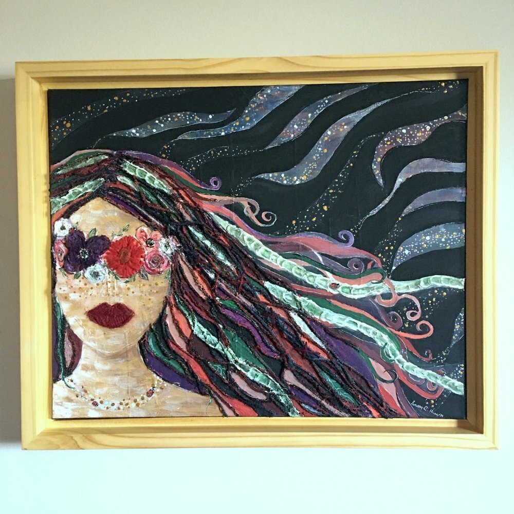 Boho Painting with Embroidered Flowers, Girl Mother Nature Art, Witchy Decor - Picture 10 of 12